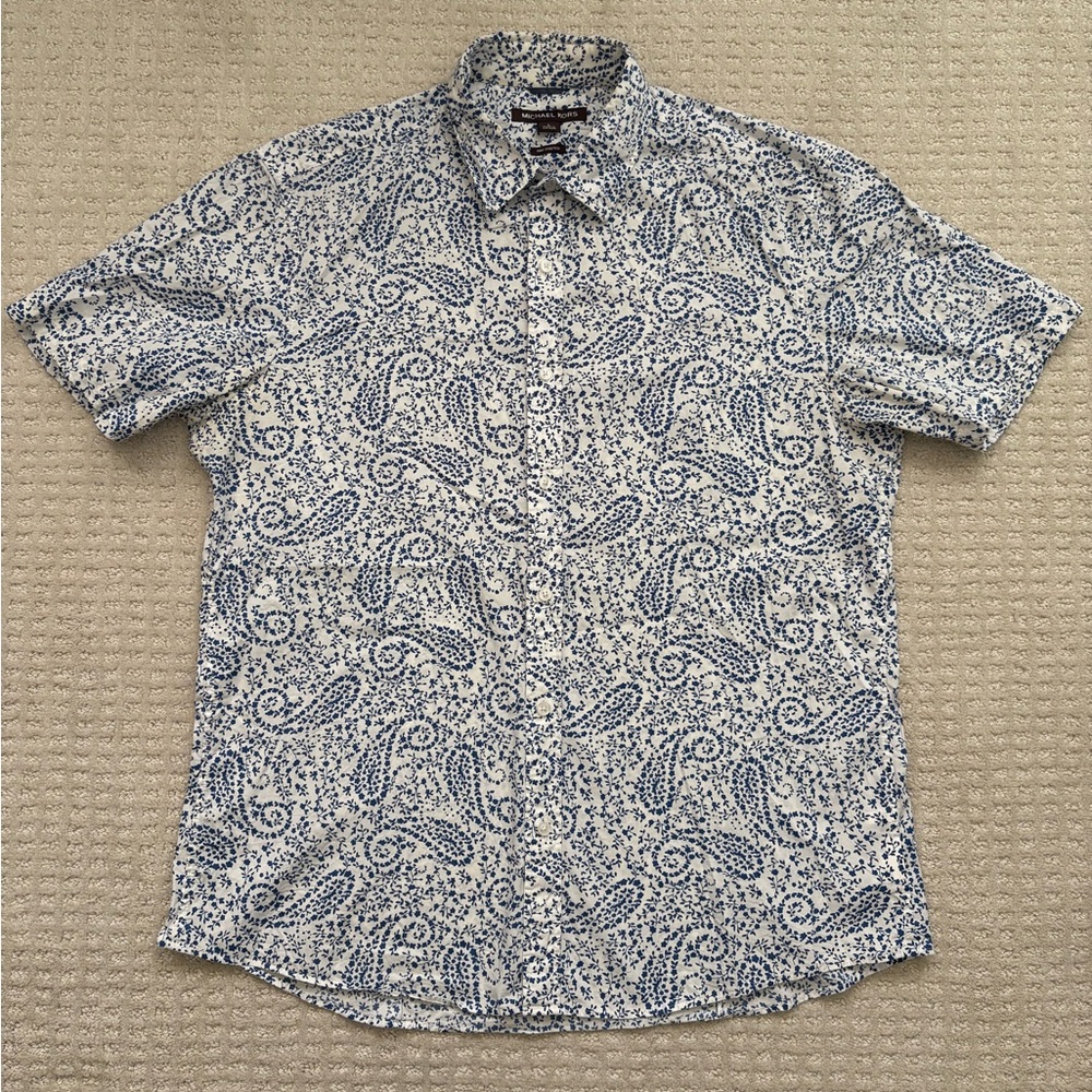 Michael Kors Men’s White and Blue Paisley Button Down Shirt